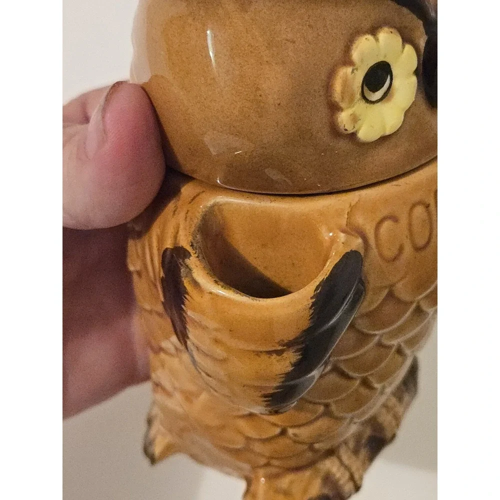 Vintage 70s Ceramic Brown Owl Coffee Canister Jar Retro Kitchen Decor Japan